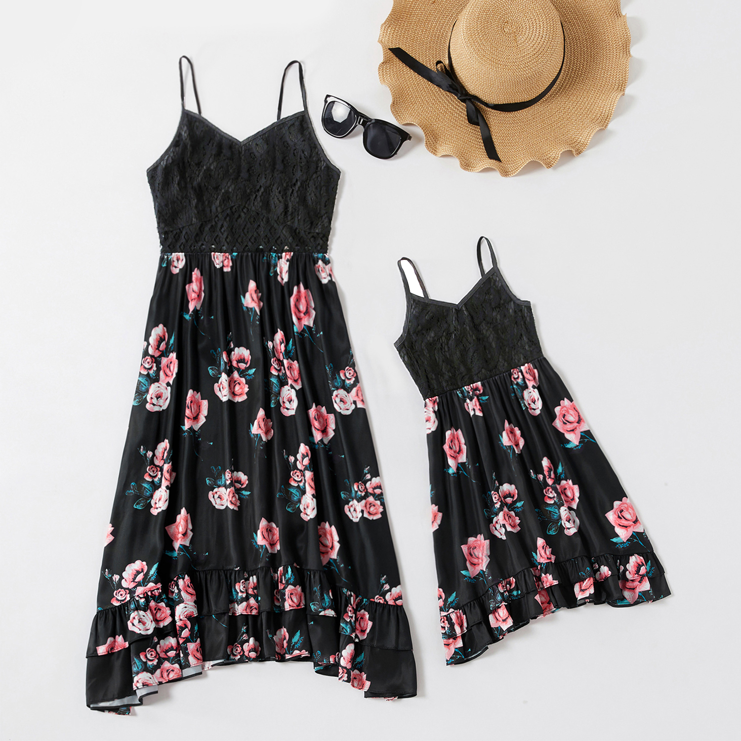 

Mommy and Me Lace Stitching Floral Print Irregular Hem Tank Dresses