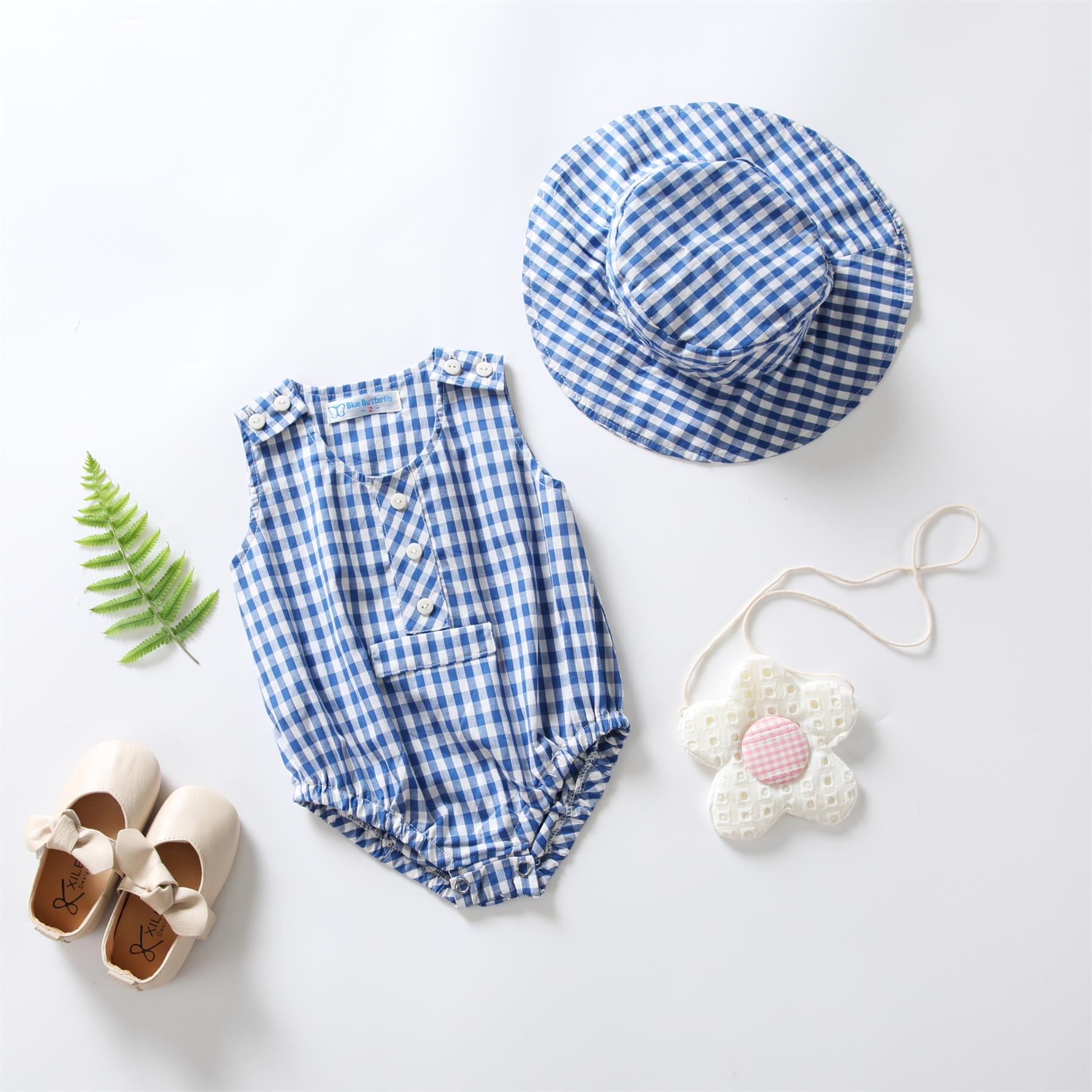 

2-Piece Summer Plaid Baby Girls Romper with Hat