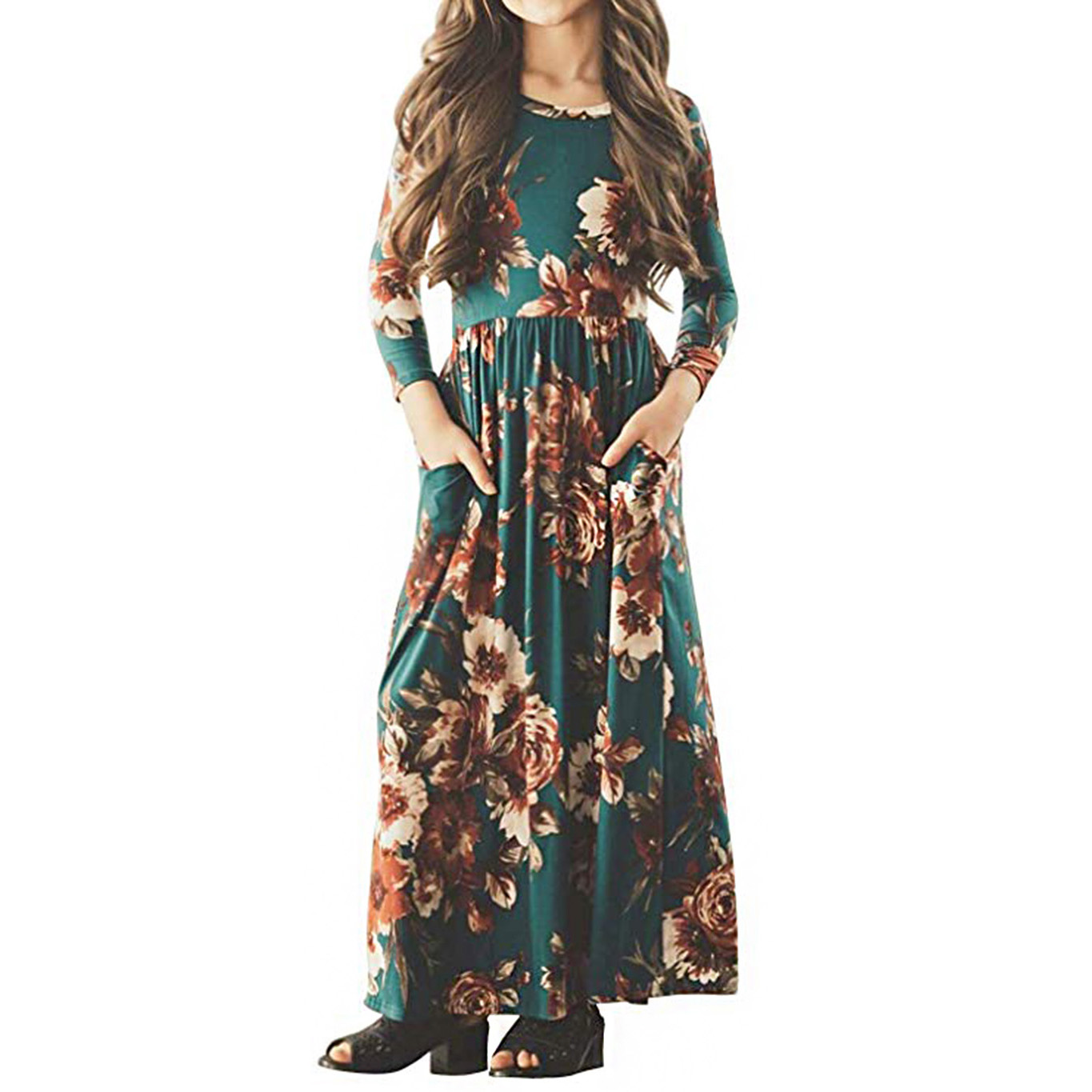 

Beautiful Floral Long-sleeve Pocket Design Maxi Dress