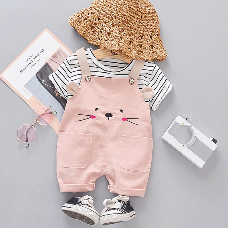 

Toddler Stylish Striped Tee and Bear Embroidered Overalls Set