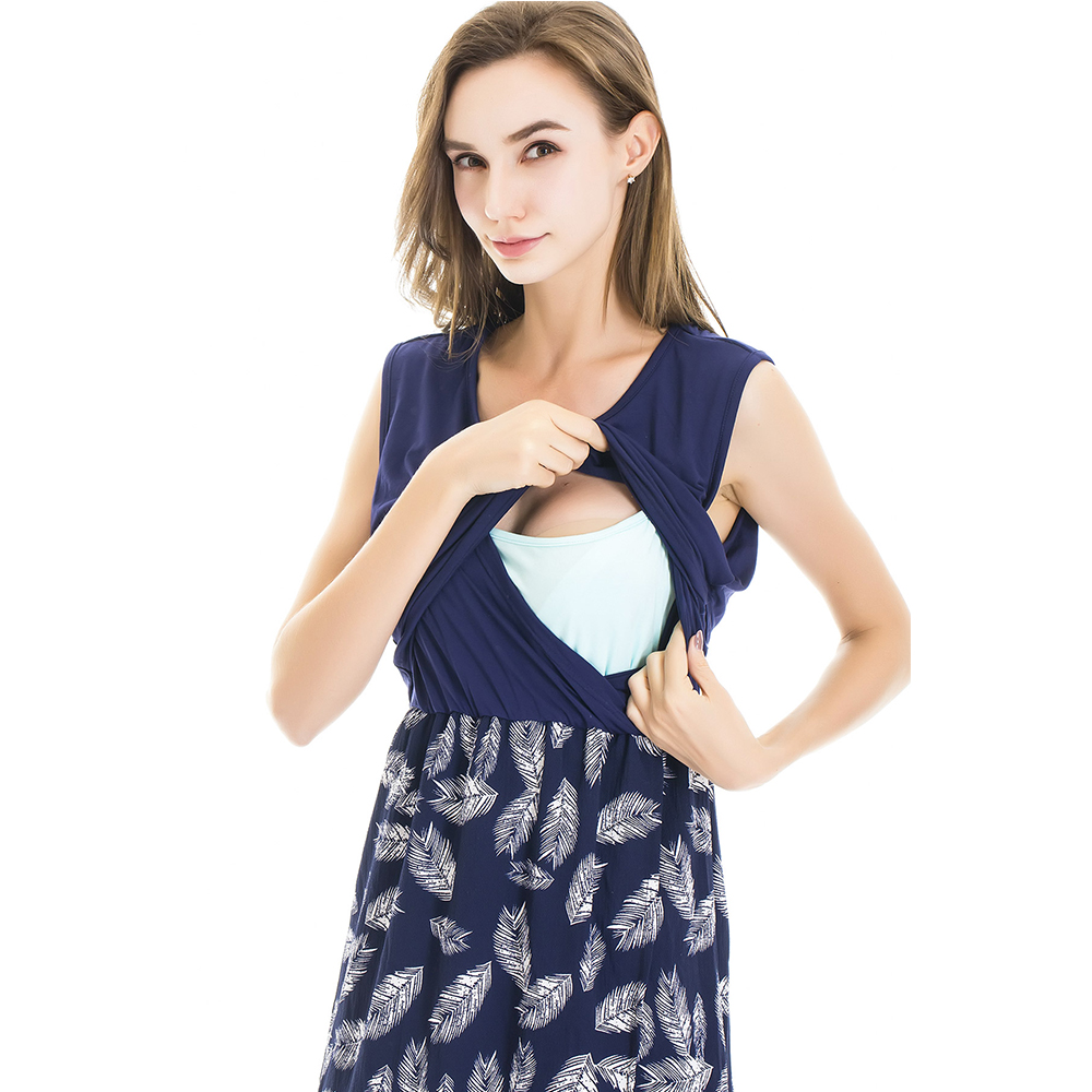 

Casual Leaf Printed Sleeveless Nursing Maxi Dress