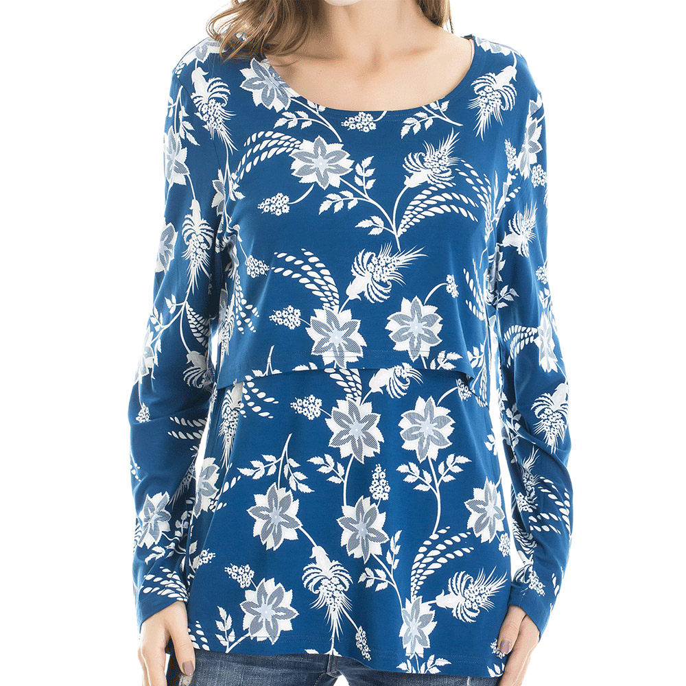 

Maternity Round collar Floral full print Long-sleeve Nursing Tee
