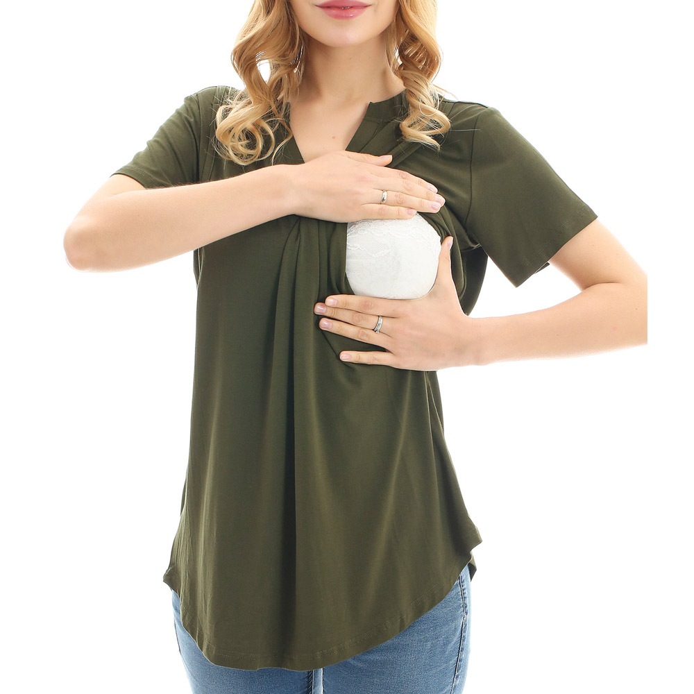 

Maternity V-neck Plaid Color block Nursing Shirt