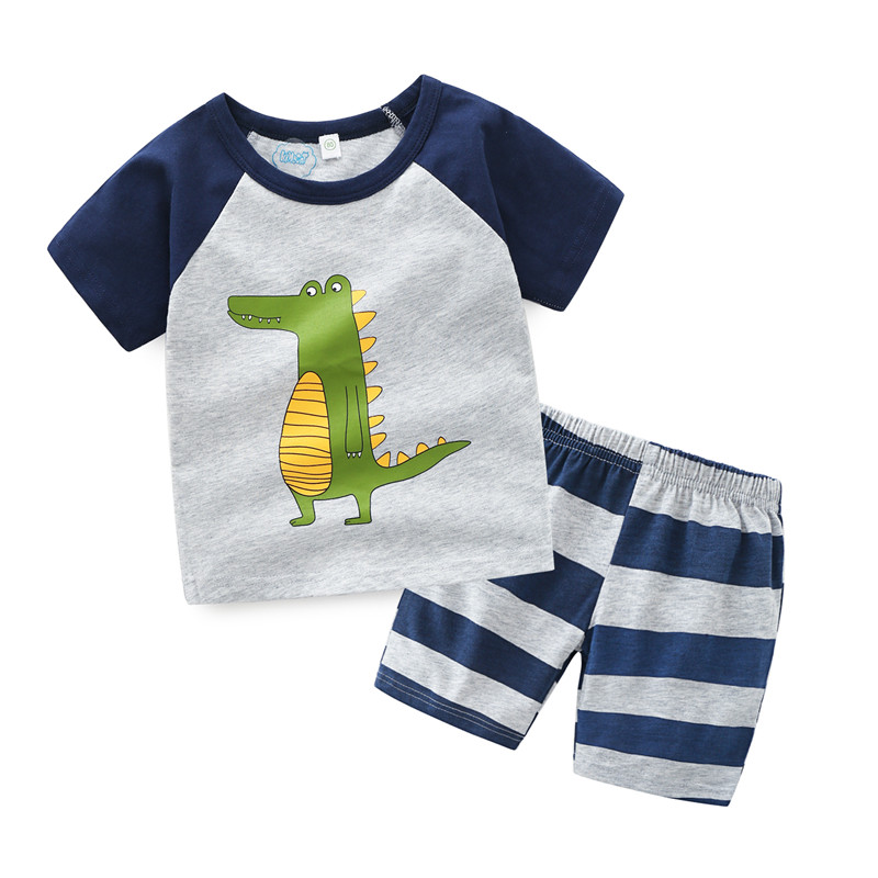 

Baby / Toddler Dino Pattern Print Spliced Tee and Striped Shorts Set
