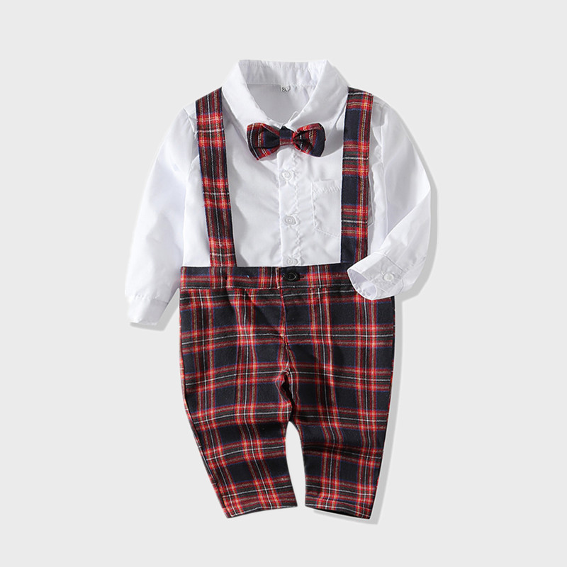 

Baby / Toddler Boy Gentlemanly Bow Tie Long-sleeve Shirt and Plaid Suspender Pants Set