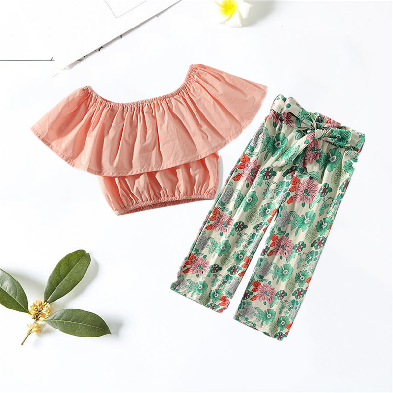 

Baby / Toddler Girl Solid Flounced Top and Floral Loose Pants Set