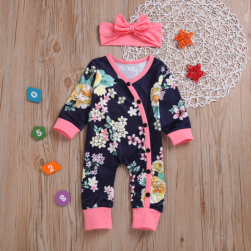 

Baby Girl Floral Allover Long-sleeve Jumpsuit and a Headband