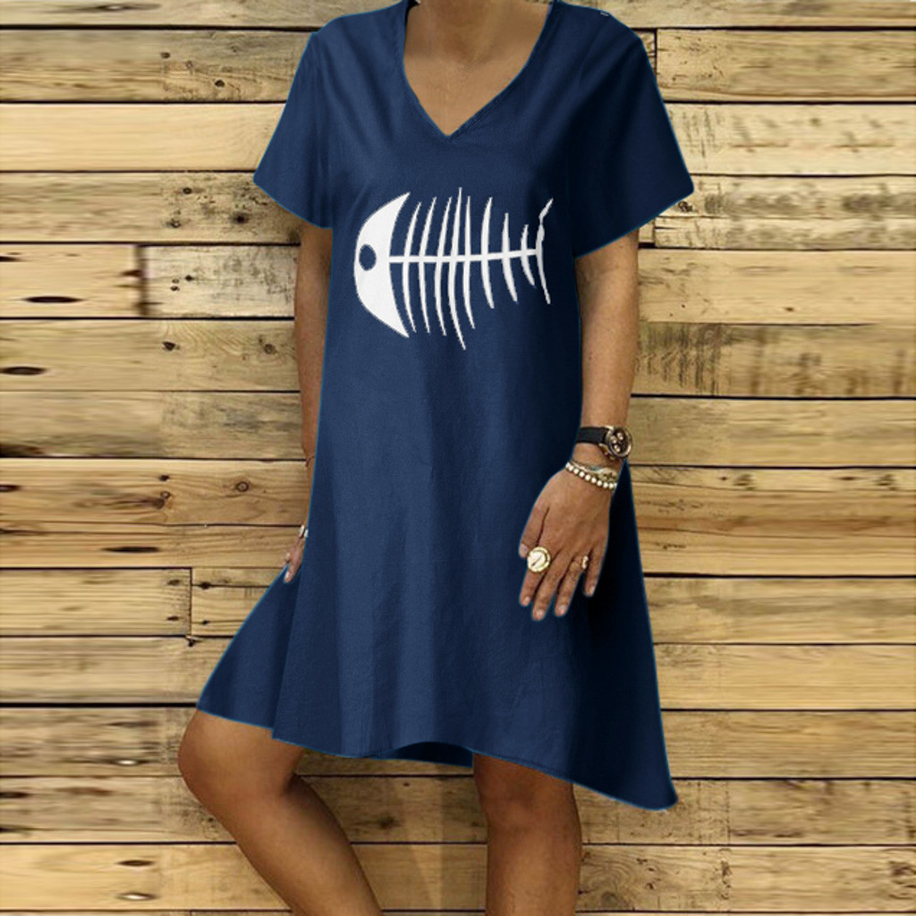 

Trendy Fish Bone Printed Short-sleeve Dress