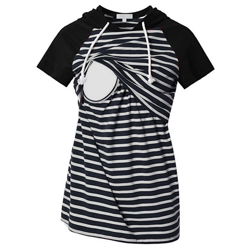 

Striped Short-sleeve Hooded Nursing Top