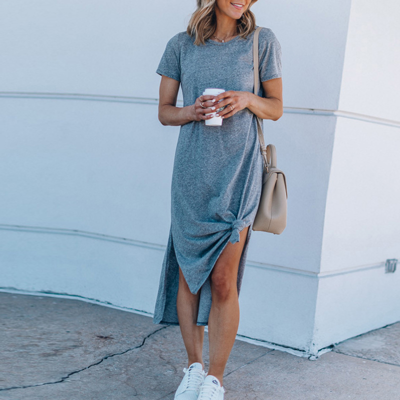

Trendy Solid Short-sleeve Dress with Front Knot