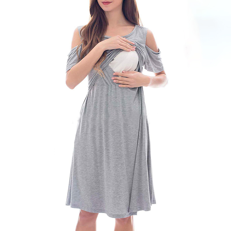 

Maternity Round collar Plain Knee length H Short-sleeve Nursing Dress