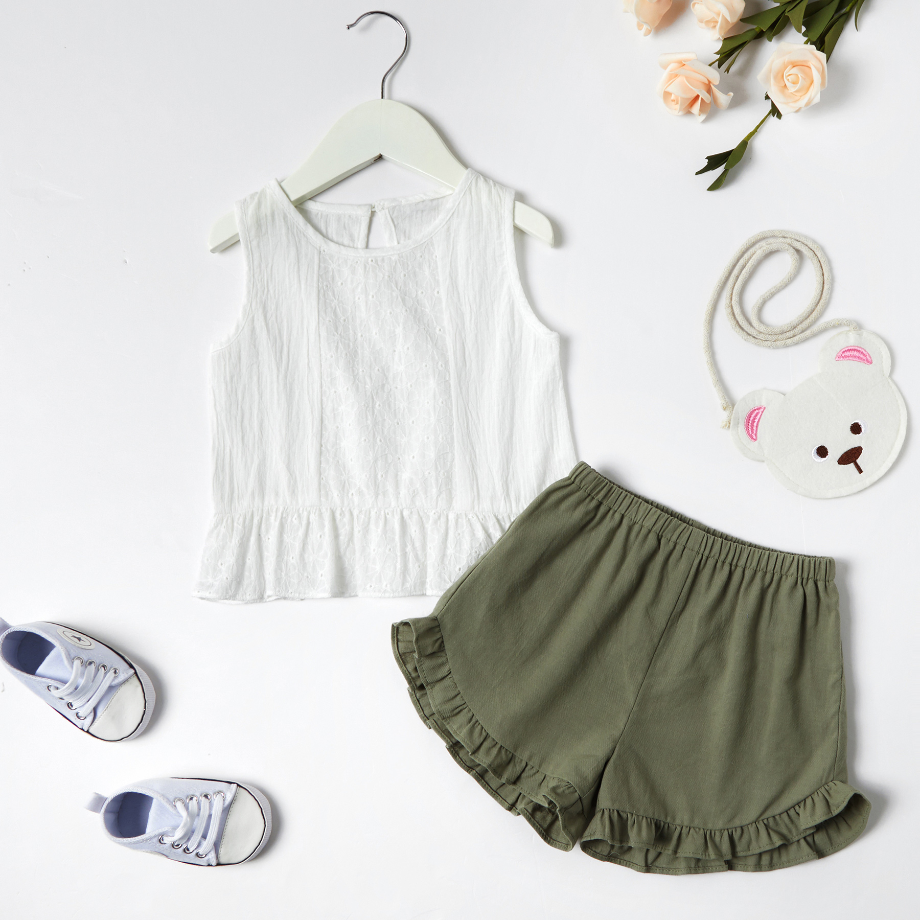 

Baby Girl Solid Sleeveless Top and Ruffled Shorts Set