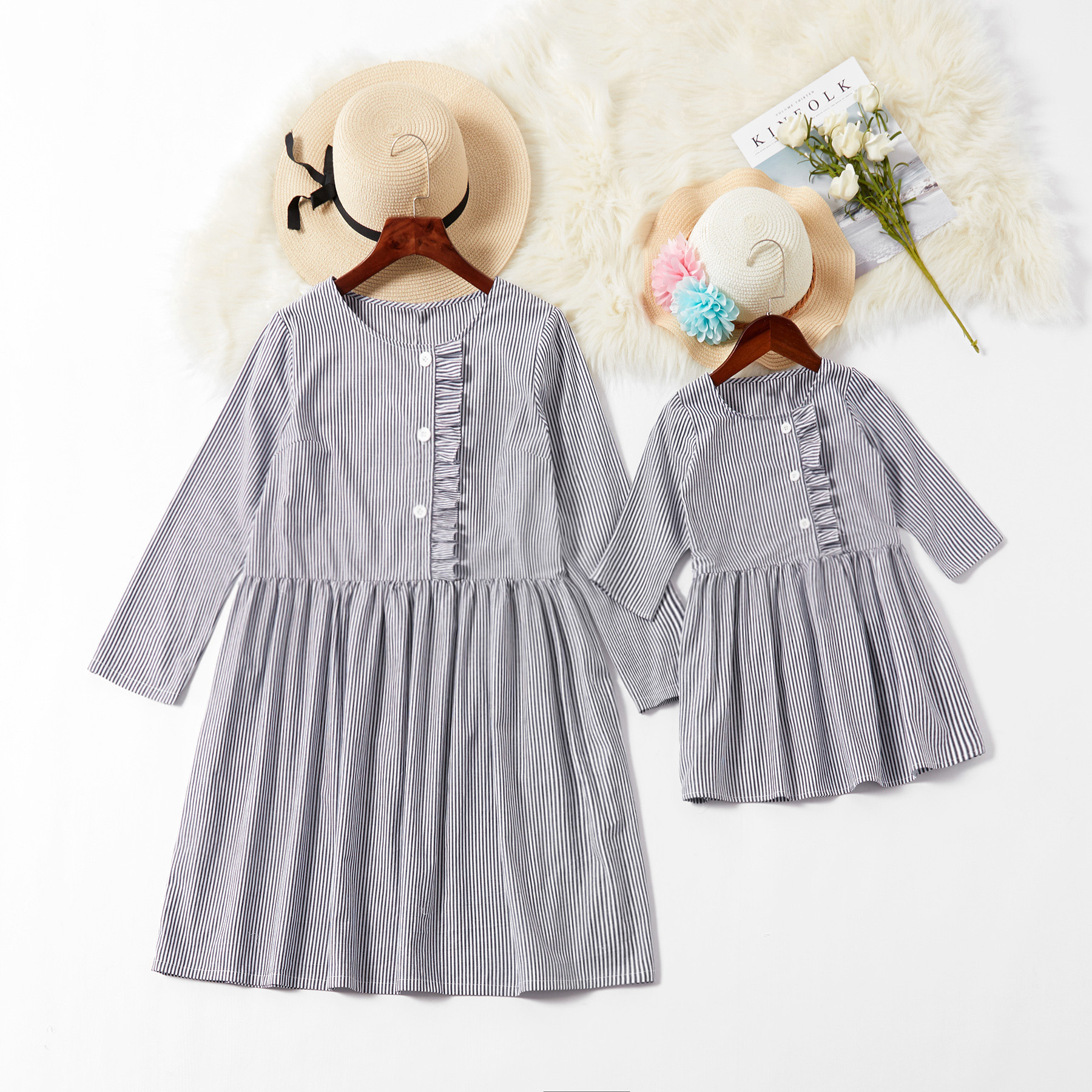 

Striped Long-sleeve Matching Dresses