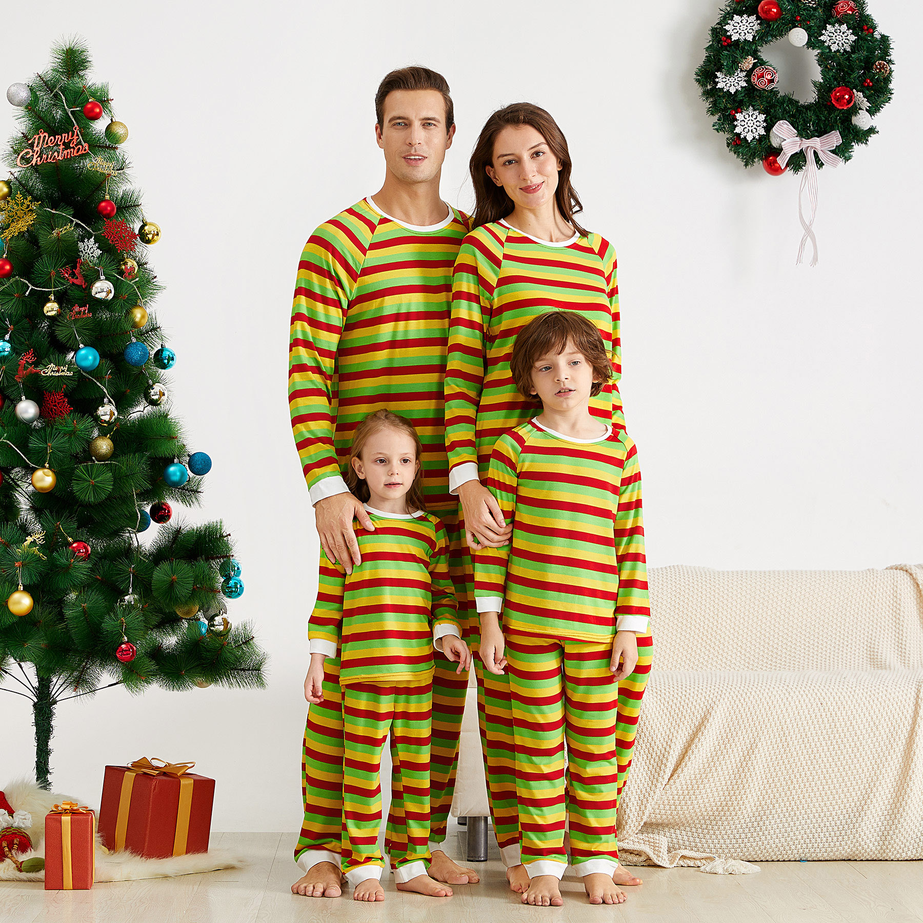 

Christmas Color Block Striped Family Matching Pajamas Set