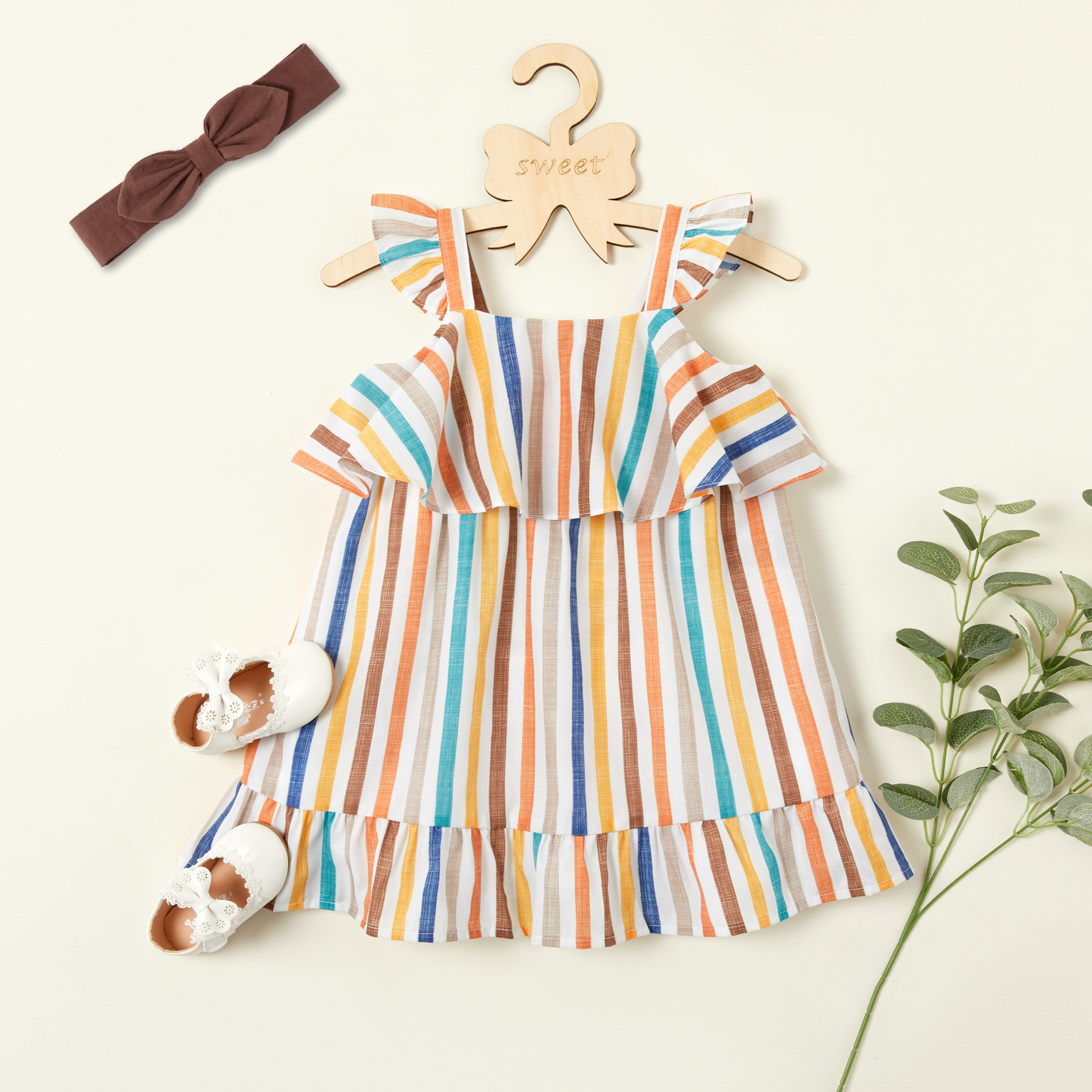 

Toddler Girl Adorable Colorful Striped Dress and Headband