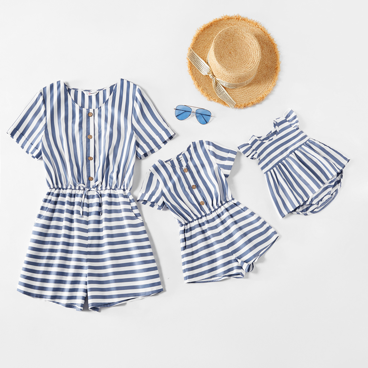 

Blue and White Stripe Short-sleeve Matching Shorts Rompers