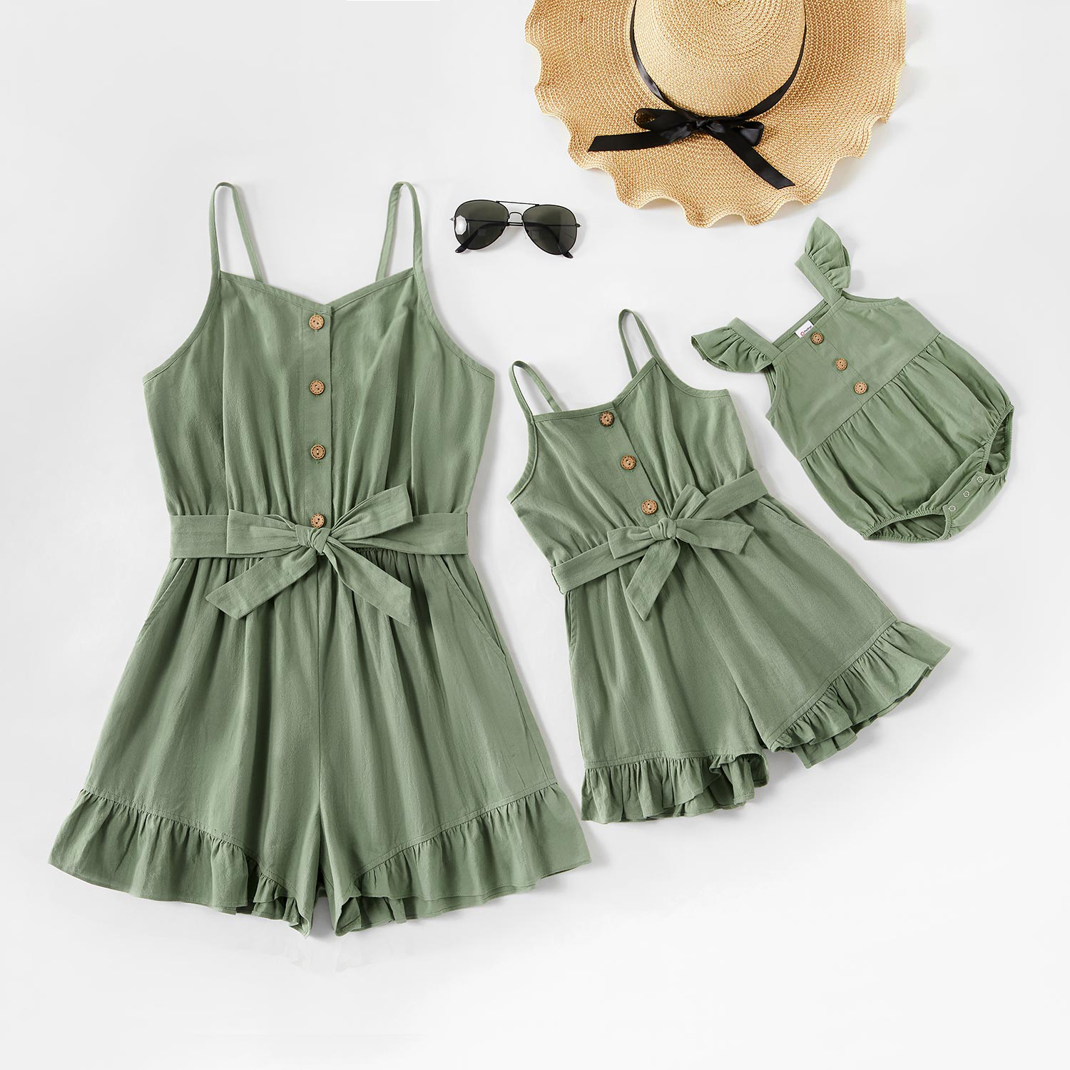 

100% Cotton Solid Color Matching Green Sling Shorts Rompers