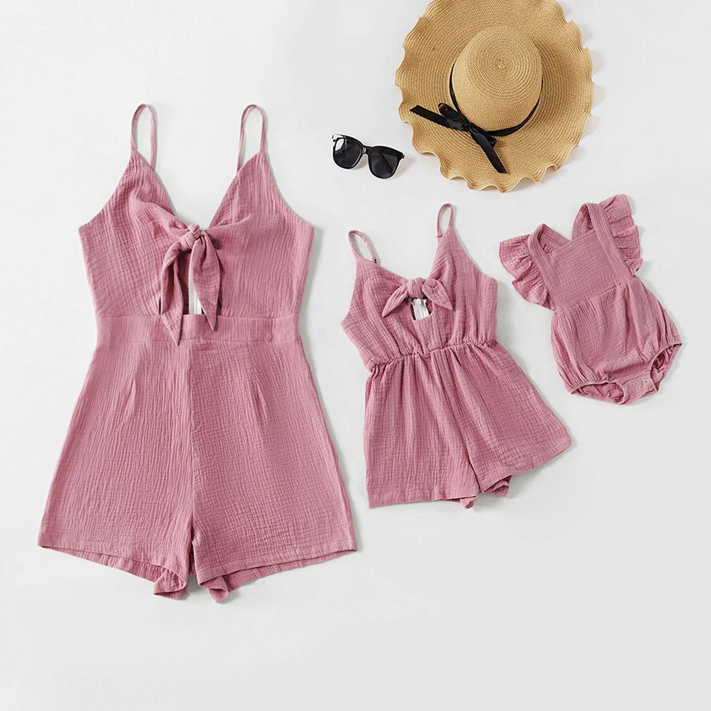 

Mommy and Me 100% Cotton Bowknot Decor Hollow out Solid Rompers