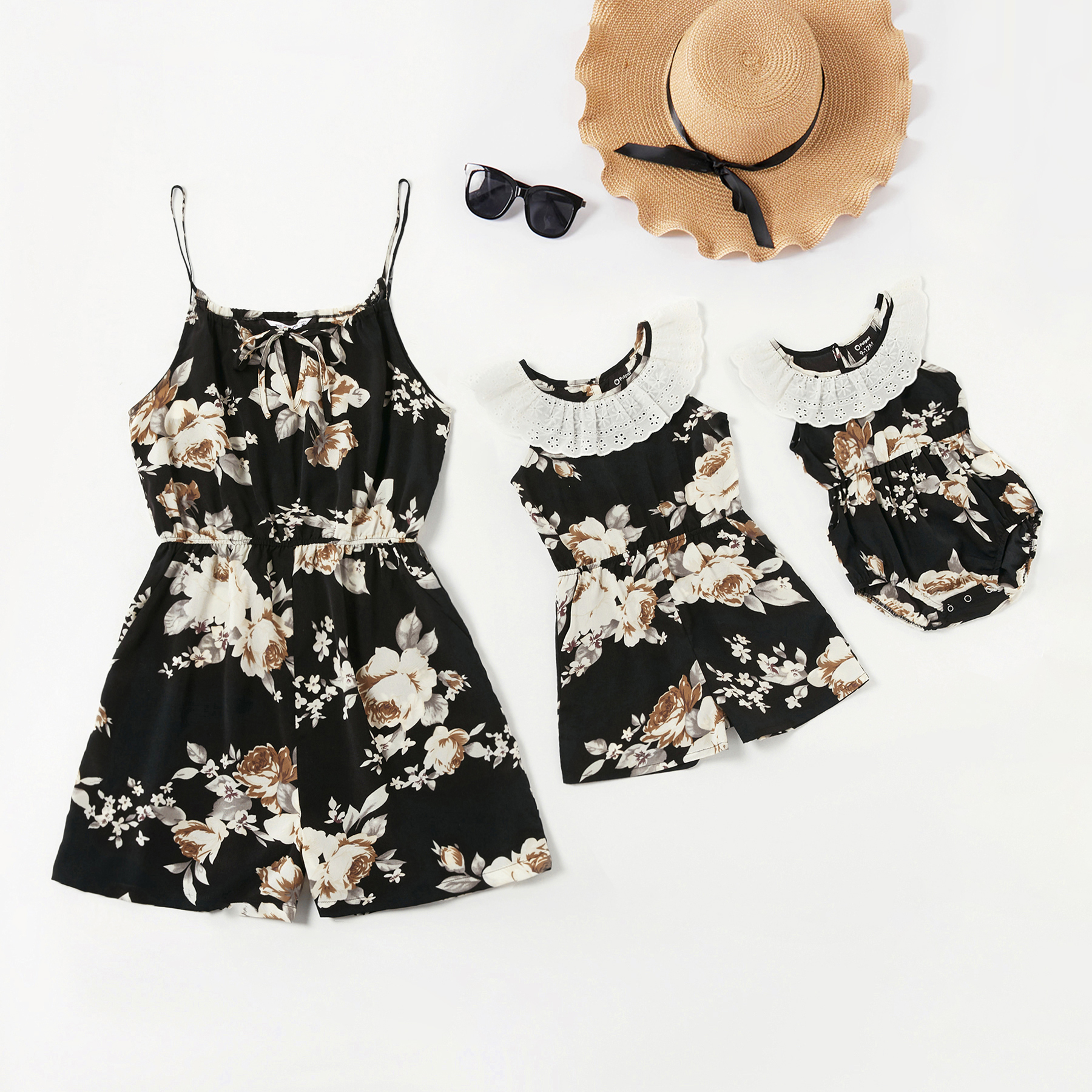 

Mommy and Me Floral Print Stitching Lace Tank Rompers