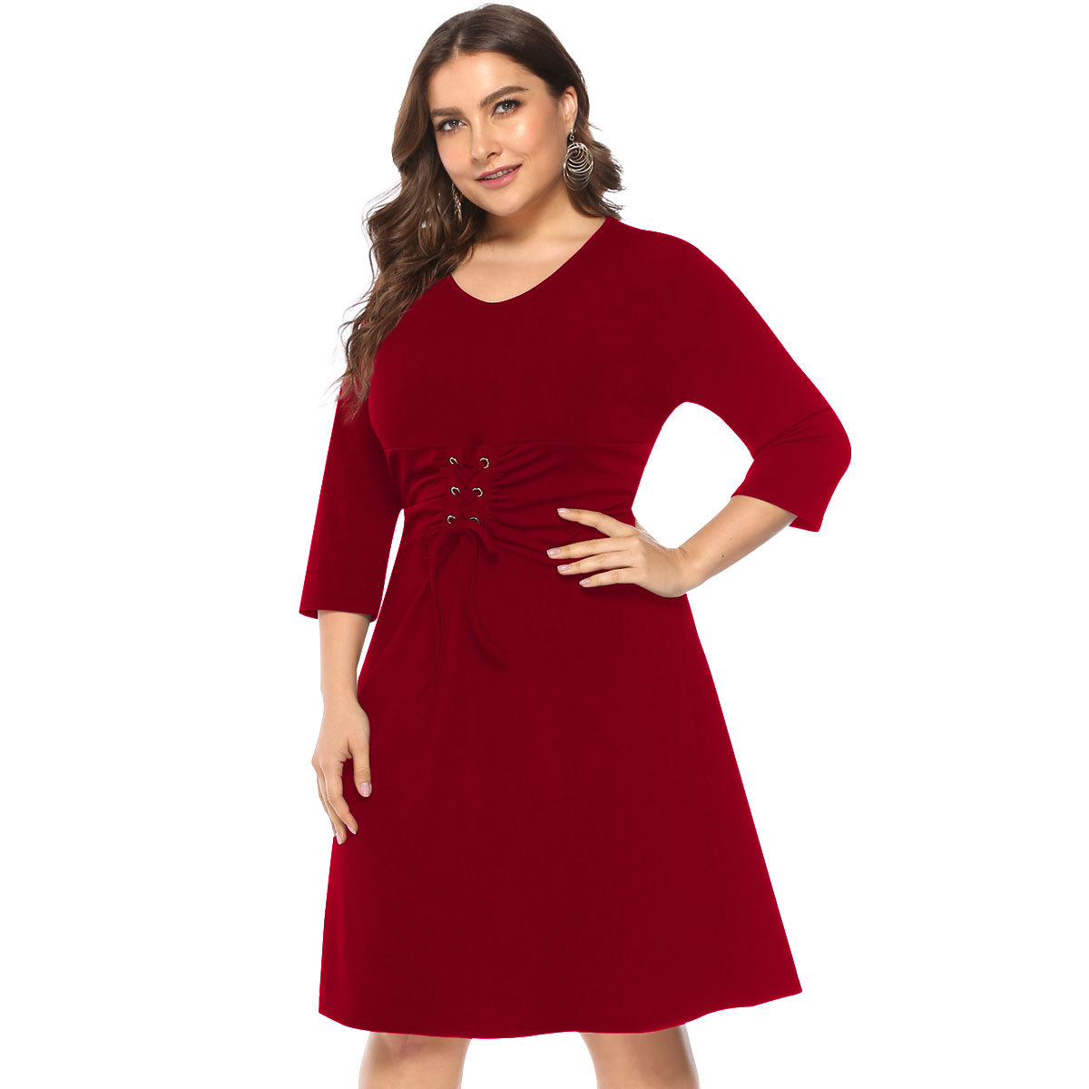 

Trendy Solid Lace-up Crop Sleeves Plus Size Dress