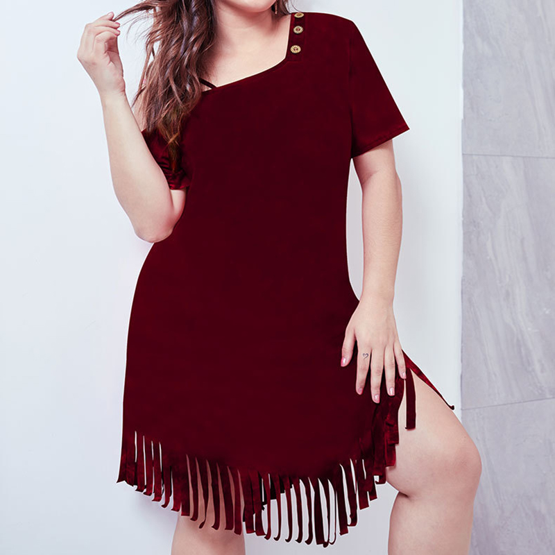 

Elegant Tasseled Short-sleeve Plus-size Dress
