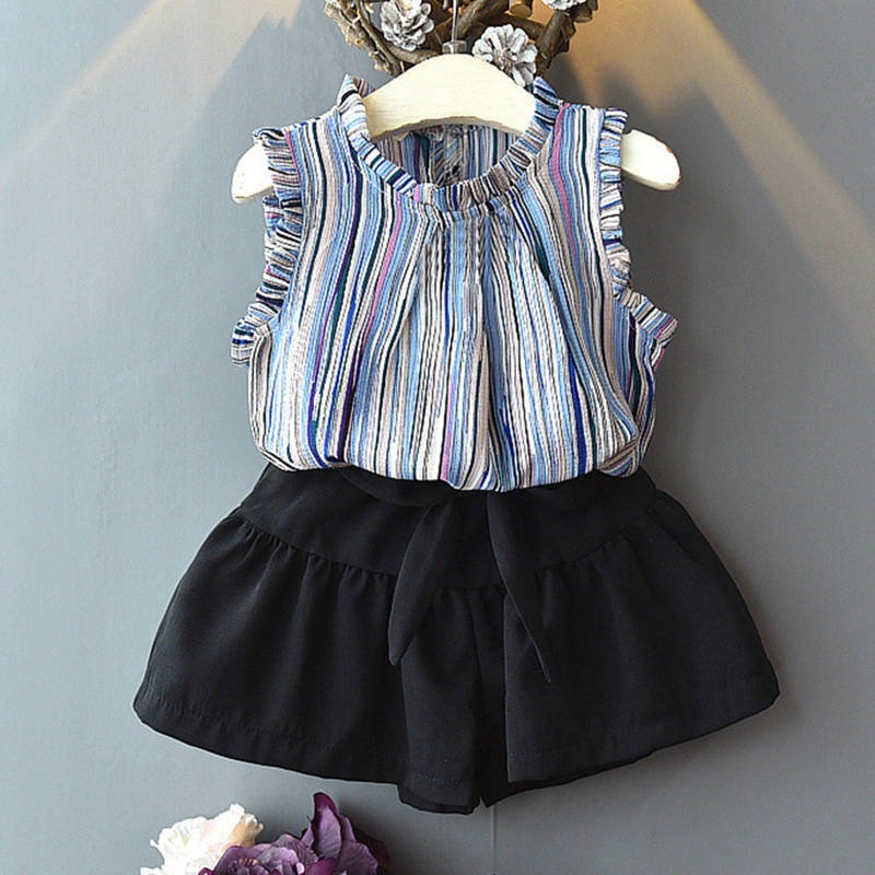 

Baby / Toddler Girl Chiffon Striped Tasseled Top and Solid Shorts Set