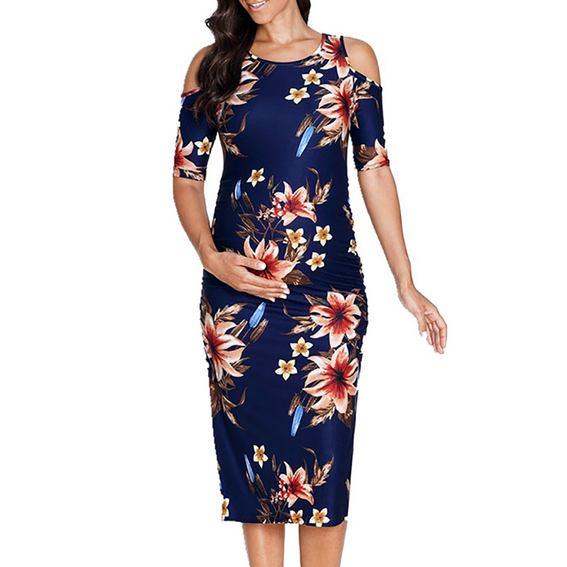 

Elegant Floral Cold Shoulder Maternity Dress