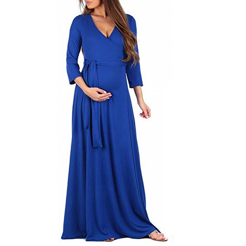

Elegant Solid Long-sleeve Maternity Maxi Dress