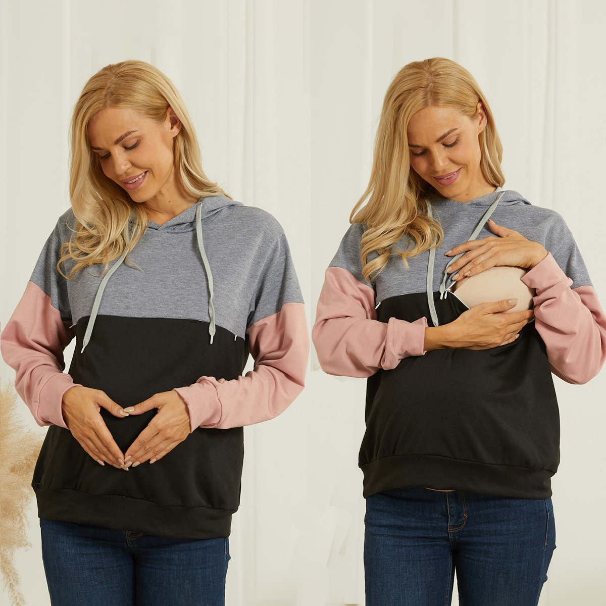 

Maternity Hooded Color Block Plain Black Nursing Hoodie