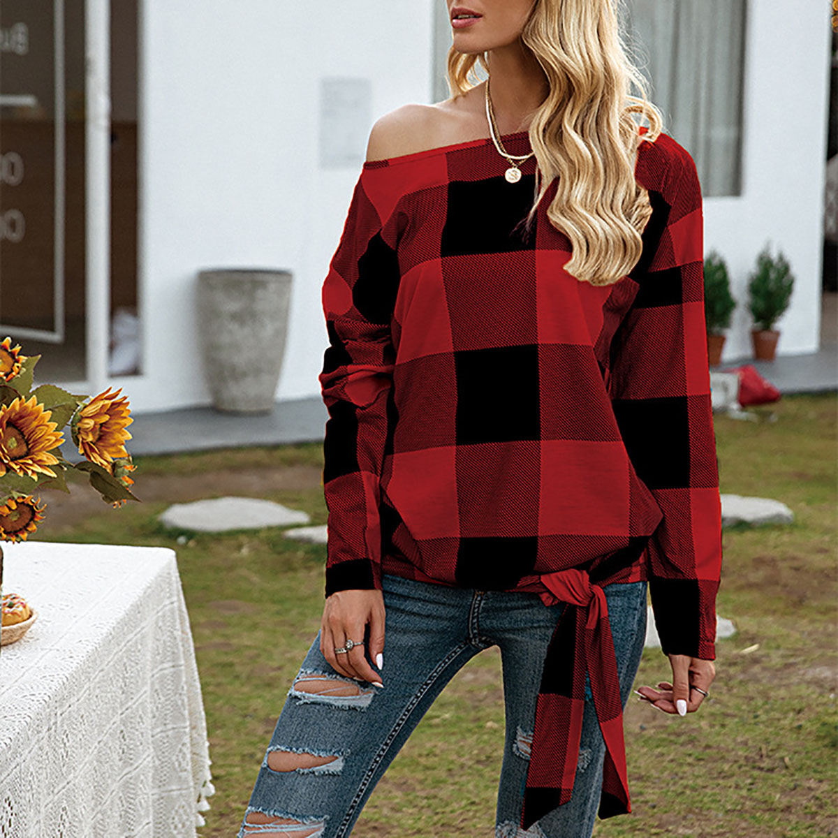 

Maternity Plaid Print Round-collar Long-sleeve Belted Hem T-shirt