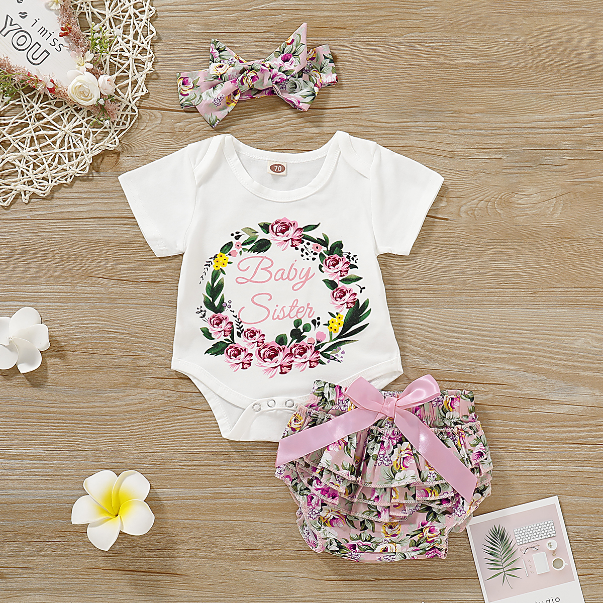 

3-piece Baby Floral Bodysuit and Layered Bowknot Shorts with Headband Set