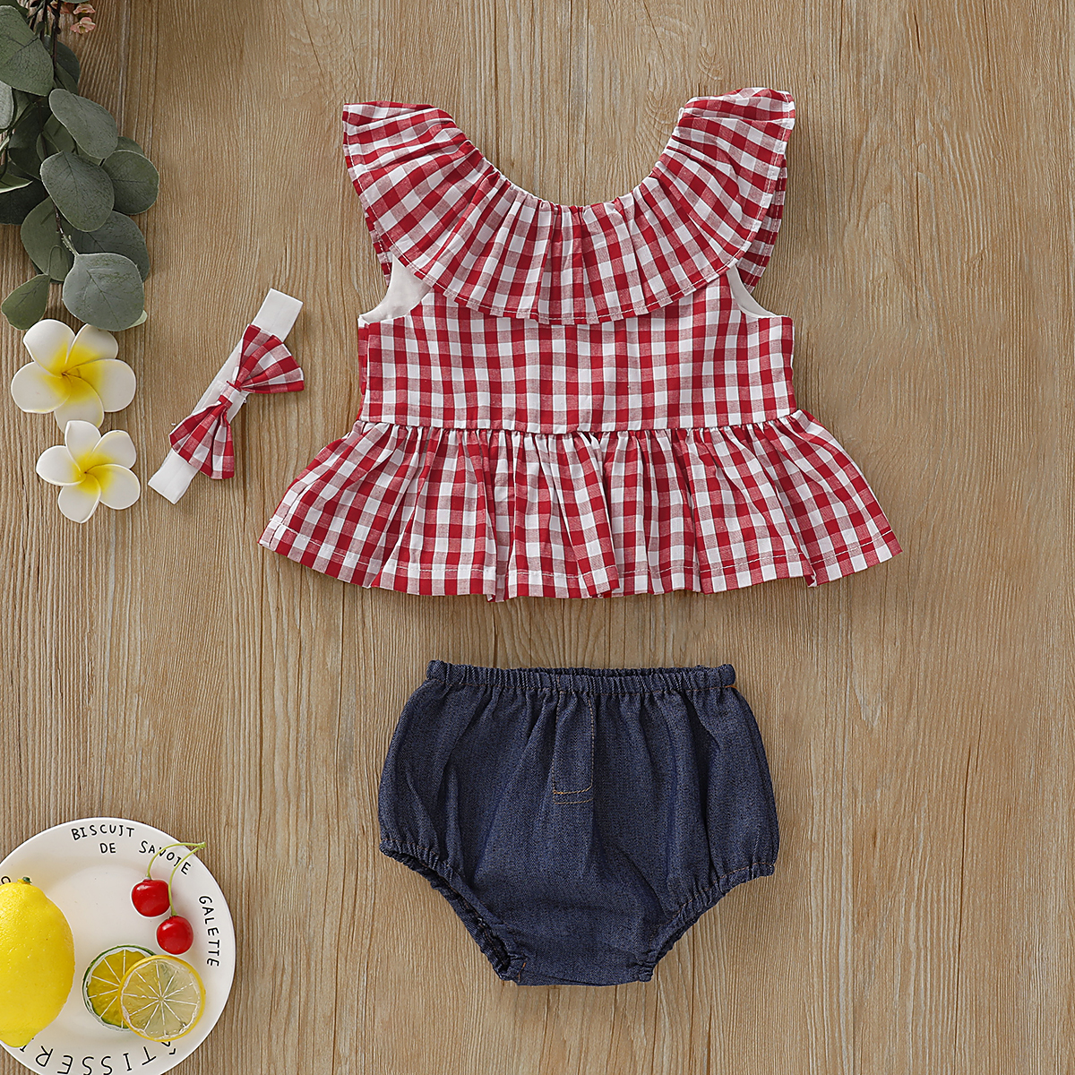 

3-piece Baby / Toddler Plaid Flounced Top and Shorts with Headband Set