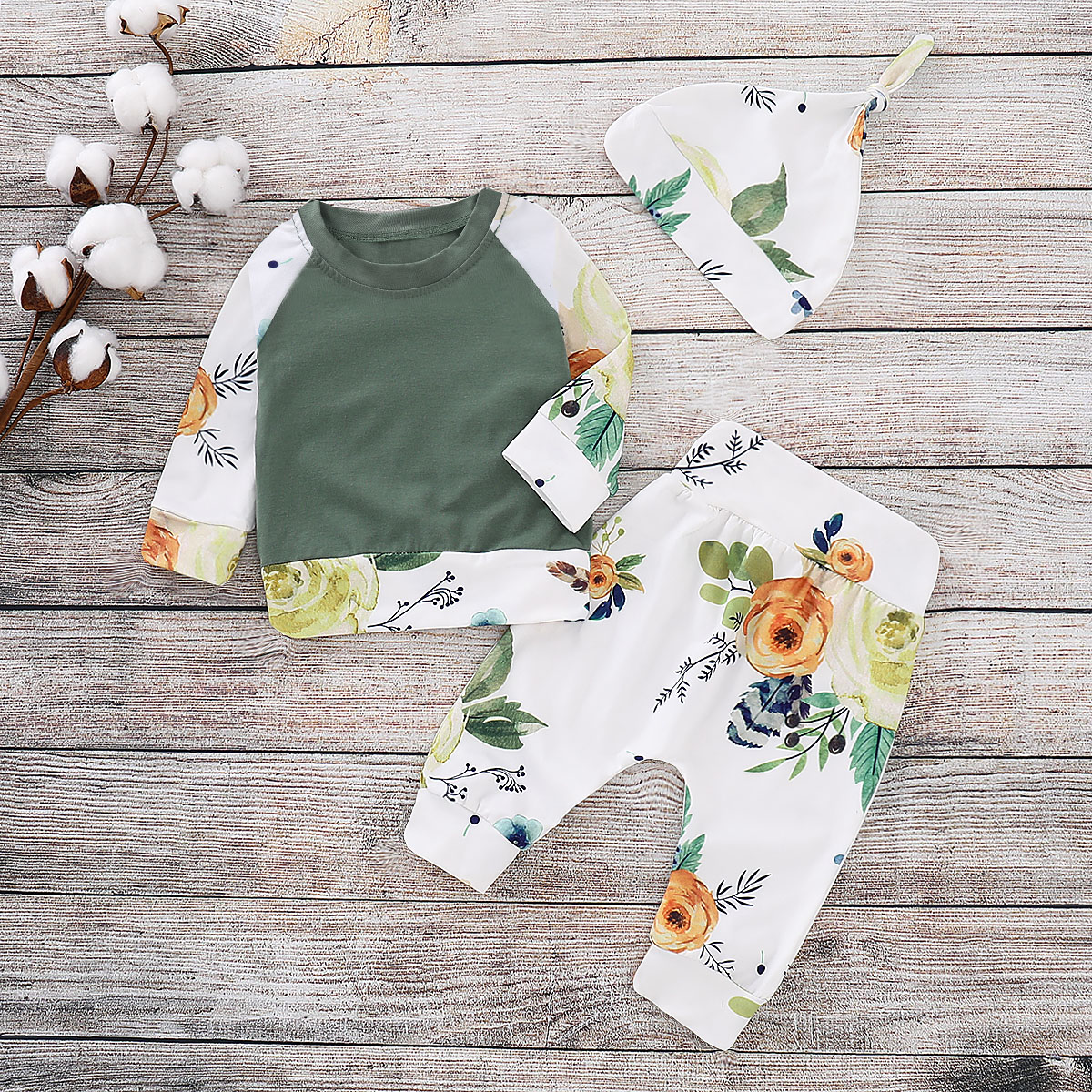 

3-piece Baby Floral Splice Pullover and Pants with Hat Set