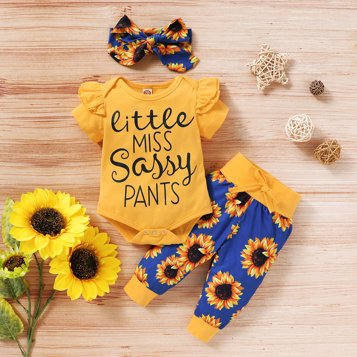 

3pcs Letter Ruffle Short-sleeve Cotton Romper and Sunflower Floral Print Trousers Set