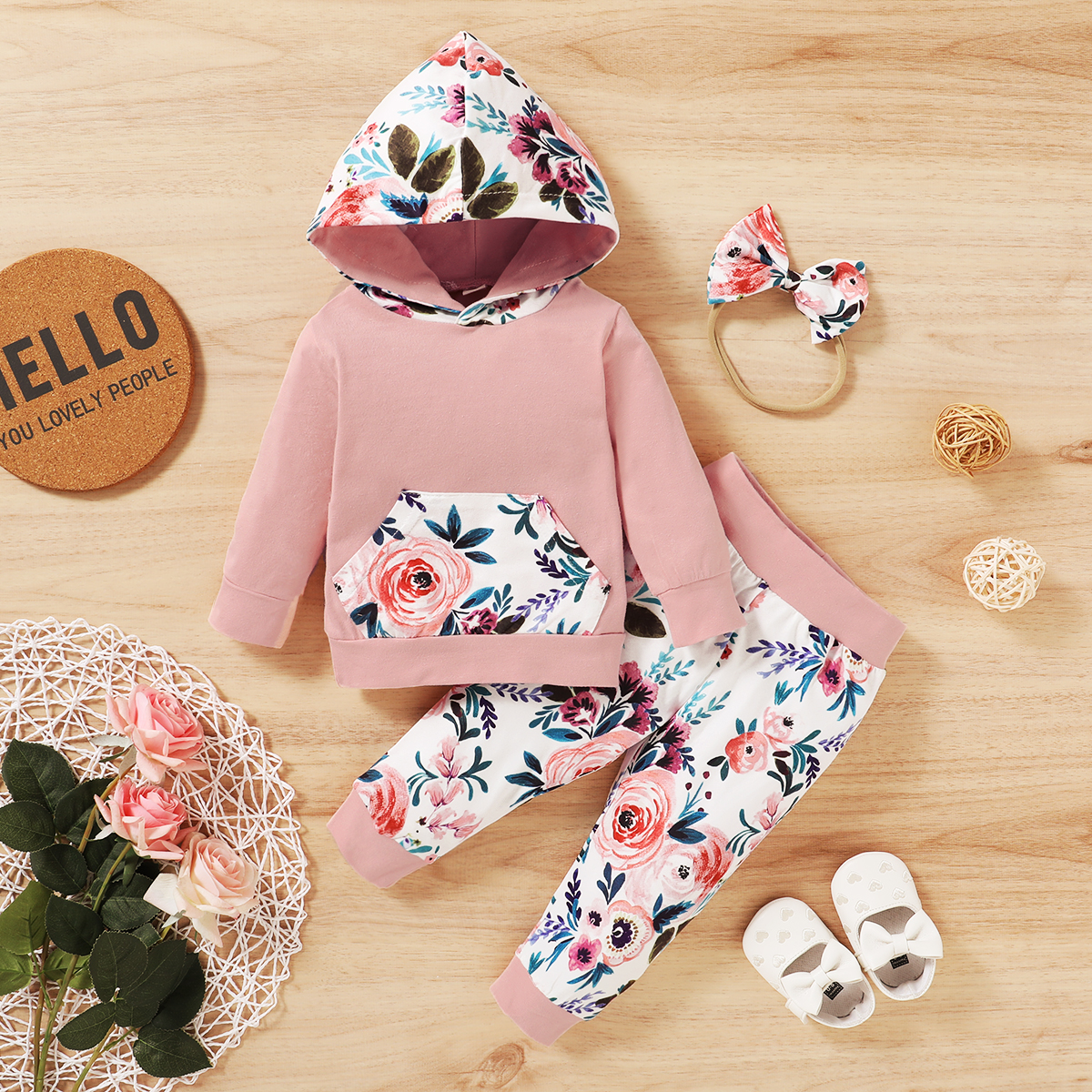 

3pcs Baby Girl Sweet Floral Baby's Sets Hooded Fashion Long Sleeve Infant Clothing Outfits