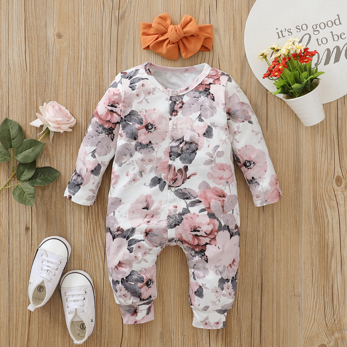 

2-piece Baby Floral Jumpsuit and Headband Set
