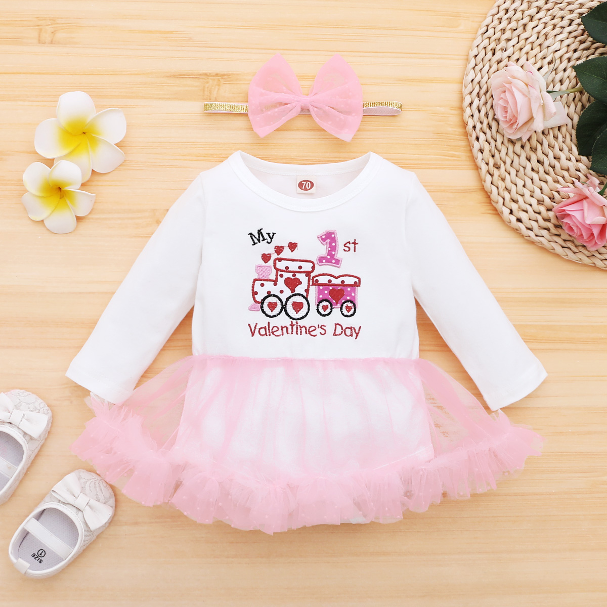 

2-piece Baby Letter Valentine Tulle Dress Romper and Headband Set