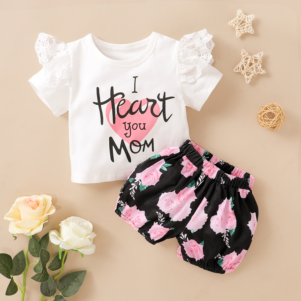 

2pcs Baby Girl Cotton Short-sleeve casual Floral Baby's Sets