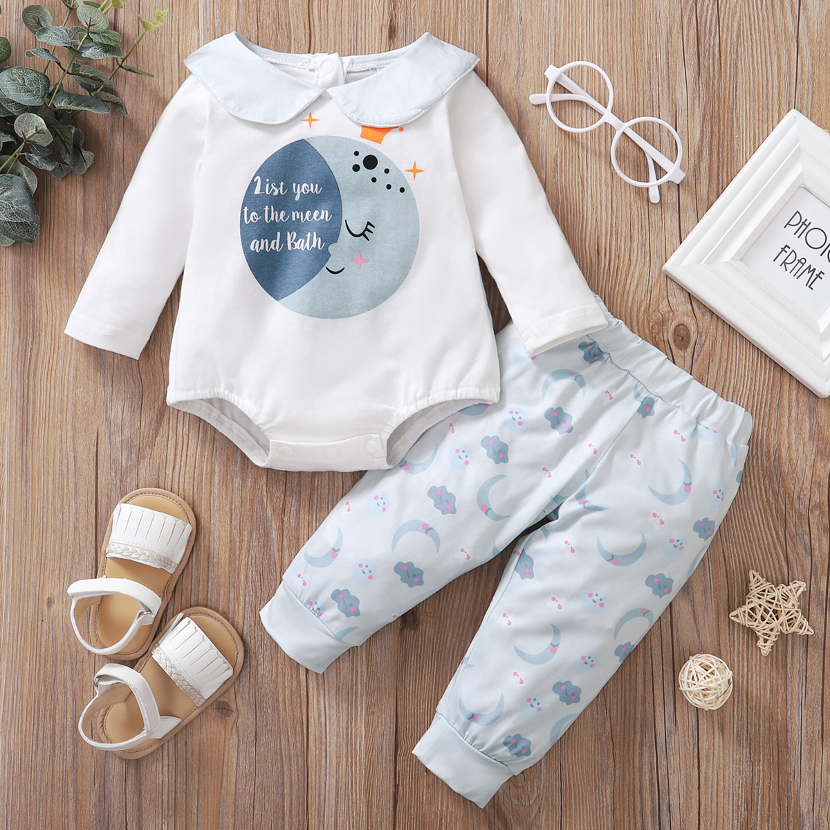 

2pcs Baby Girl casual Moon Space Print Long-sleeve Cotton Romper Baby's Sets