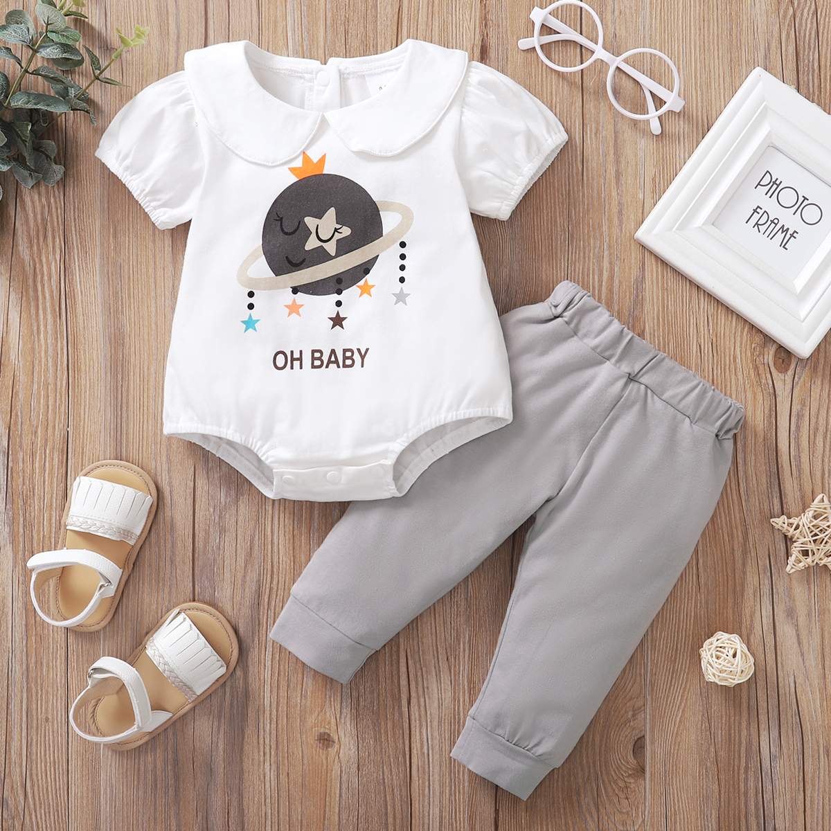 

2pcs Baby Girl casual Stars Space Short-sleeve Cotton Romper Baby's Sets