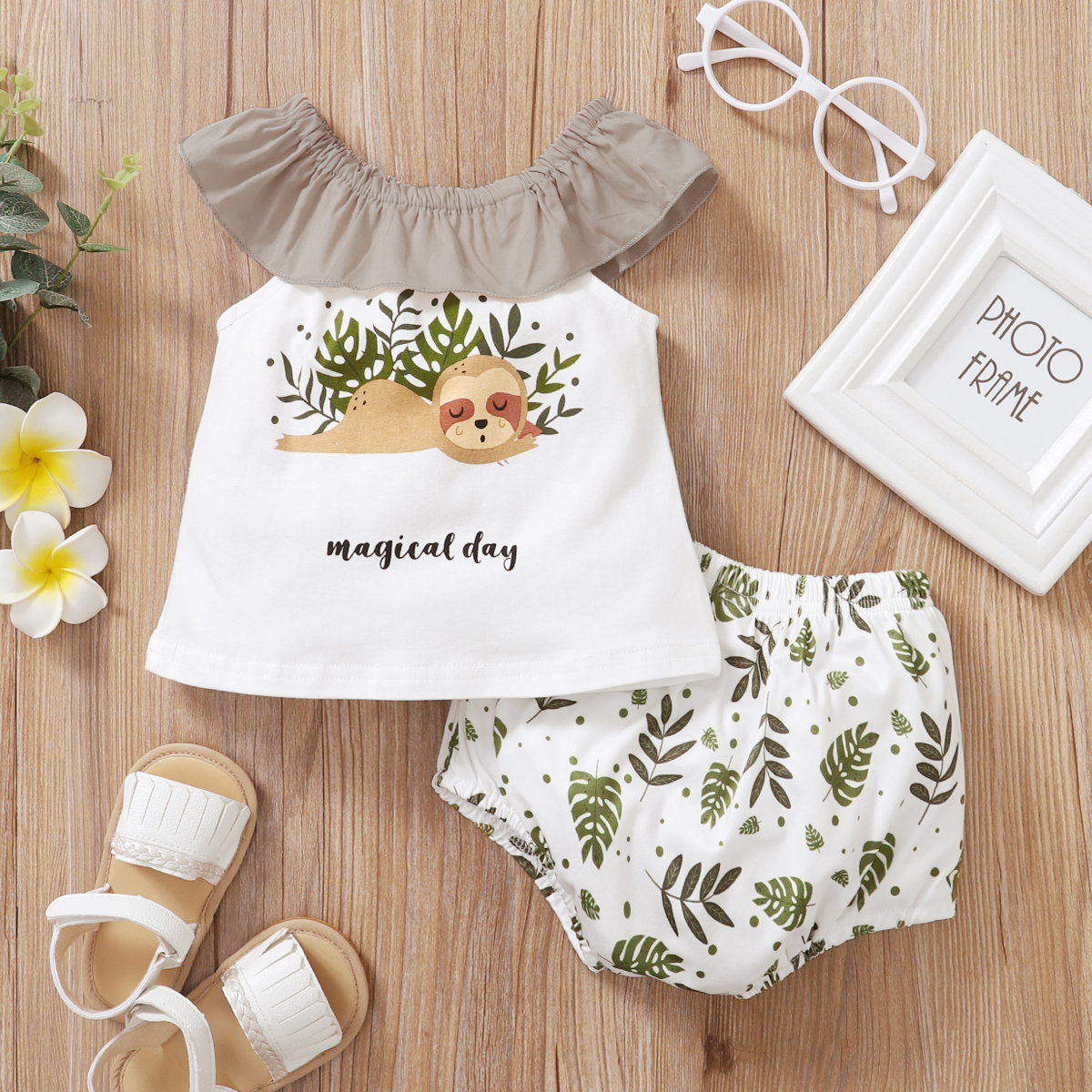 

2pcs Baby Girl Sweet Animal Laziness Flutter-sleeve Cotton Baby's Sets