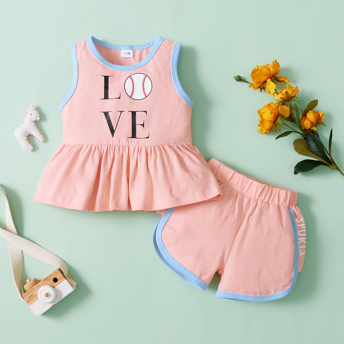 

2pcs Letter and Baseball Sleeveless Pink Baby Tank Set