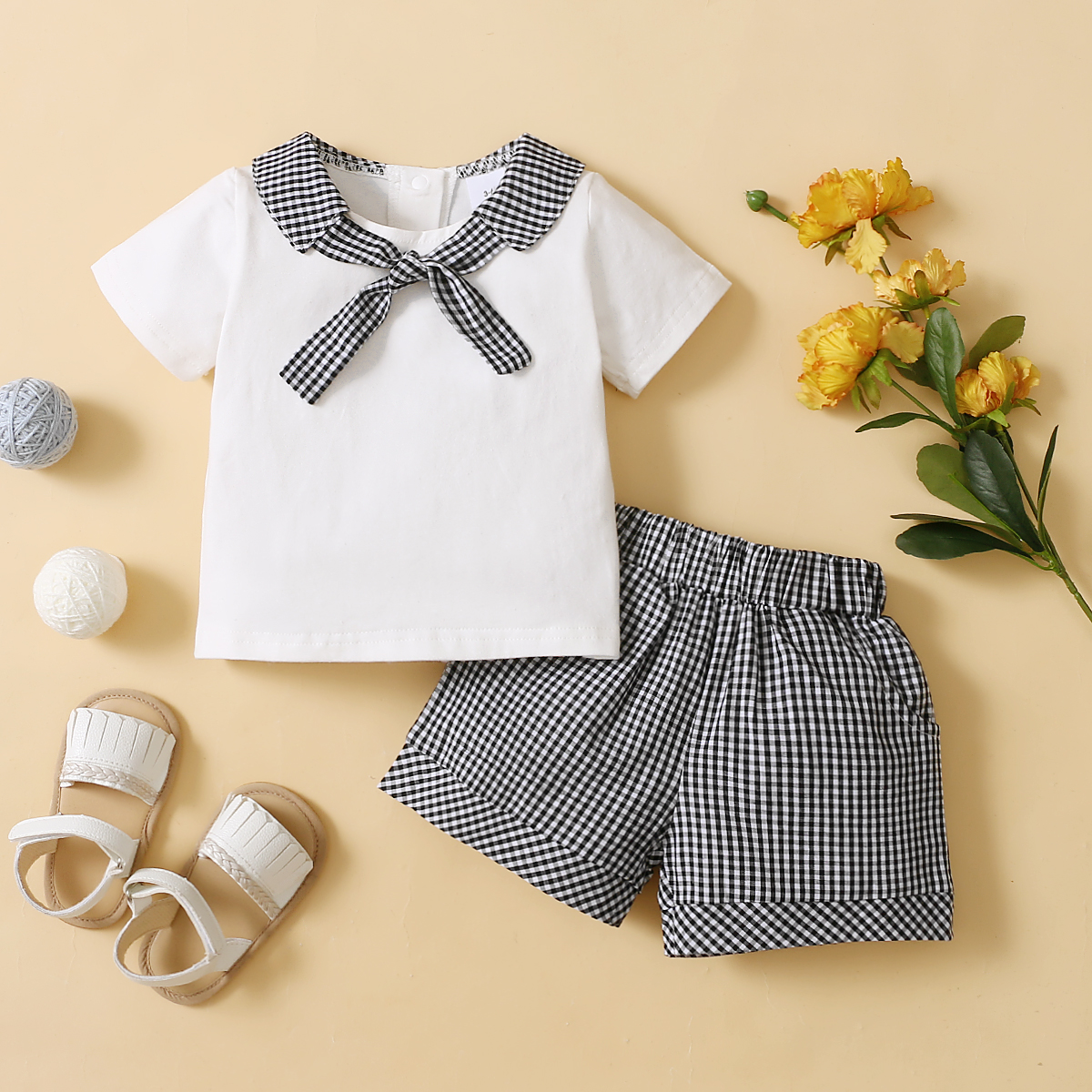 

2pcs Baby Boy Short-sleeve Lapel Collar Plaid Print Polyester & Cotton Baby's Sets