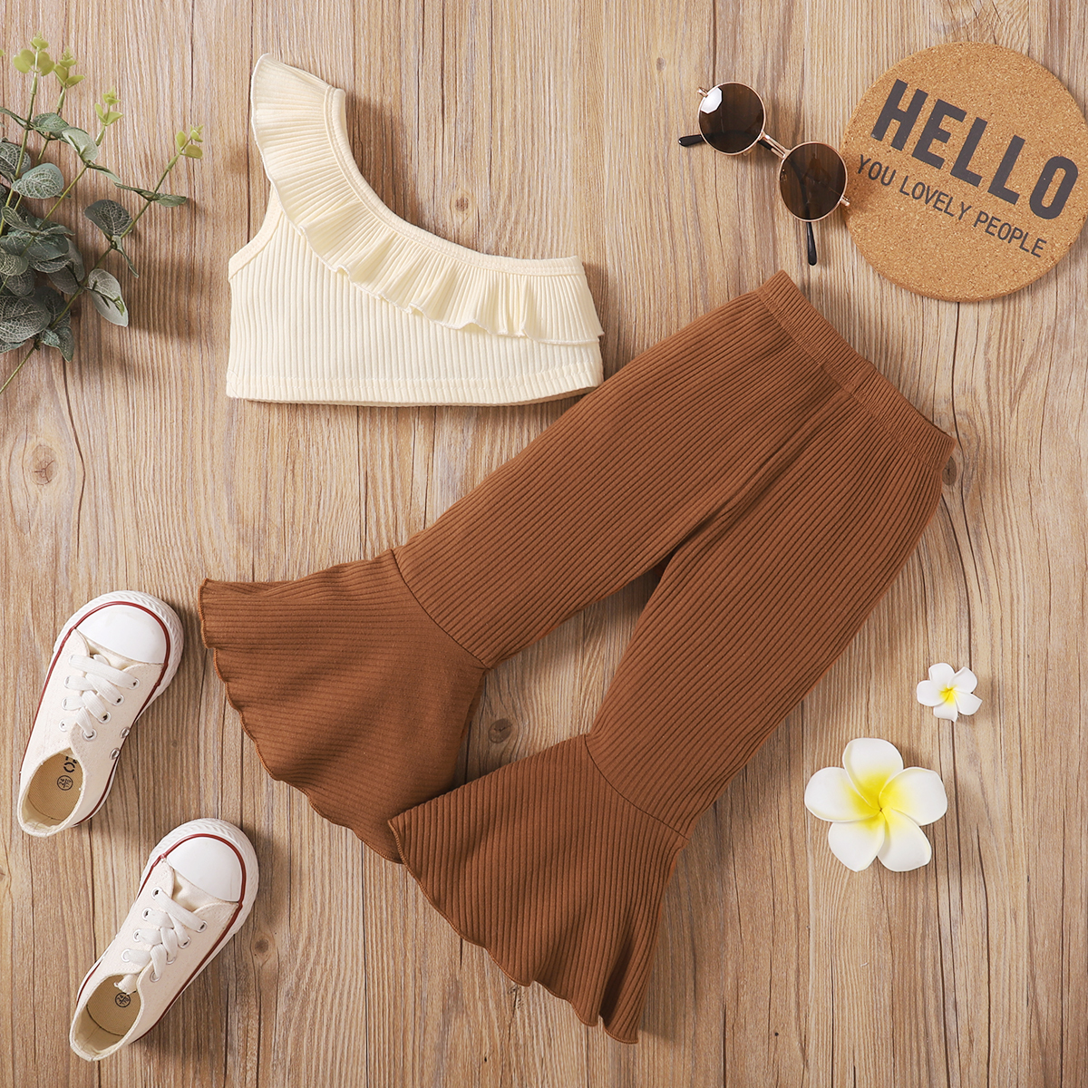 

Ribbed 2pcs Solid One Shoulder Sleeveless Brown Baby Set