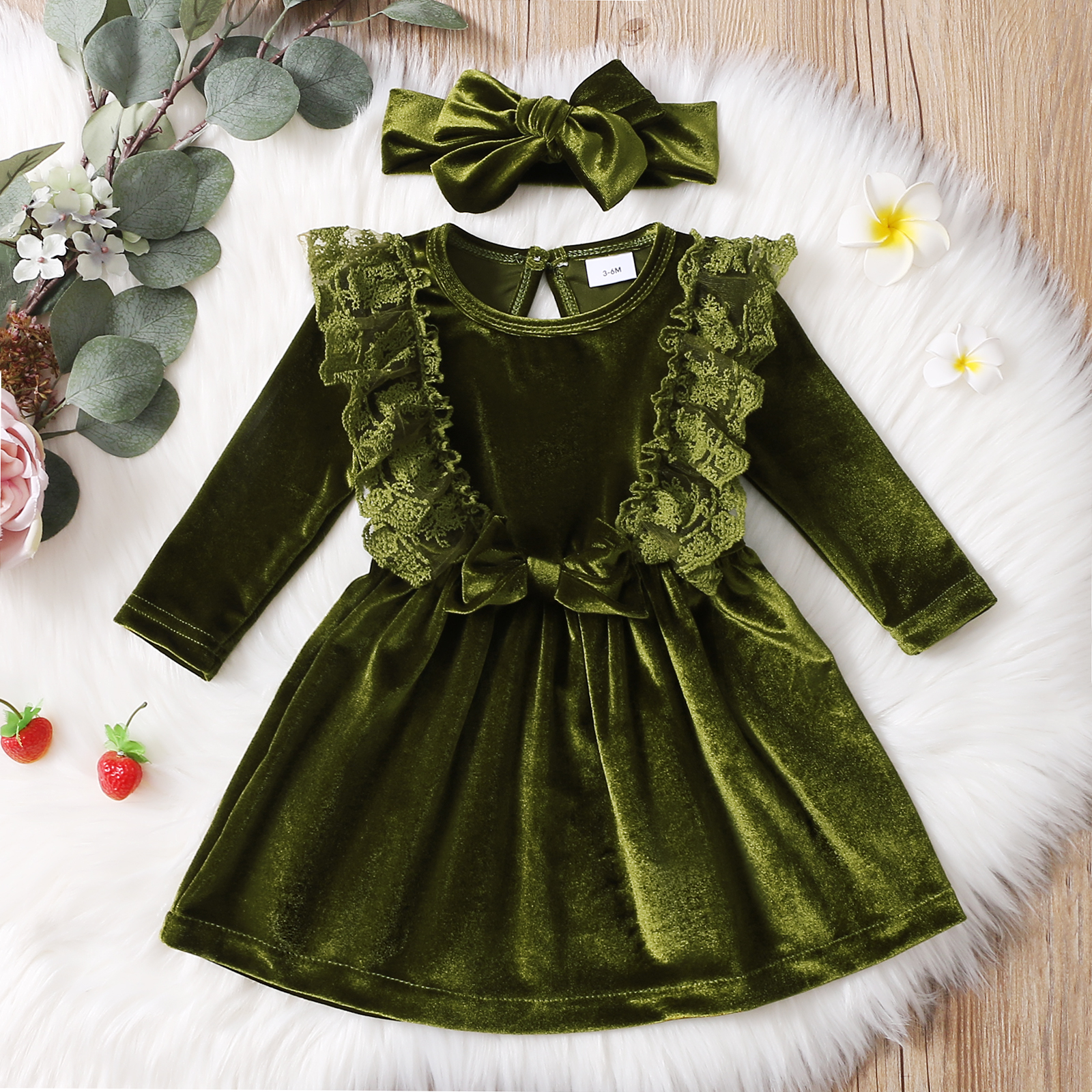 

2pcs Solid Color Long-sleeve Velvet Baby Dress Set