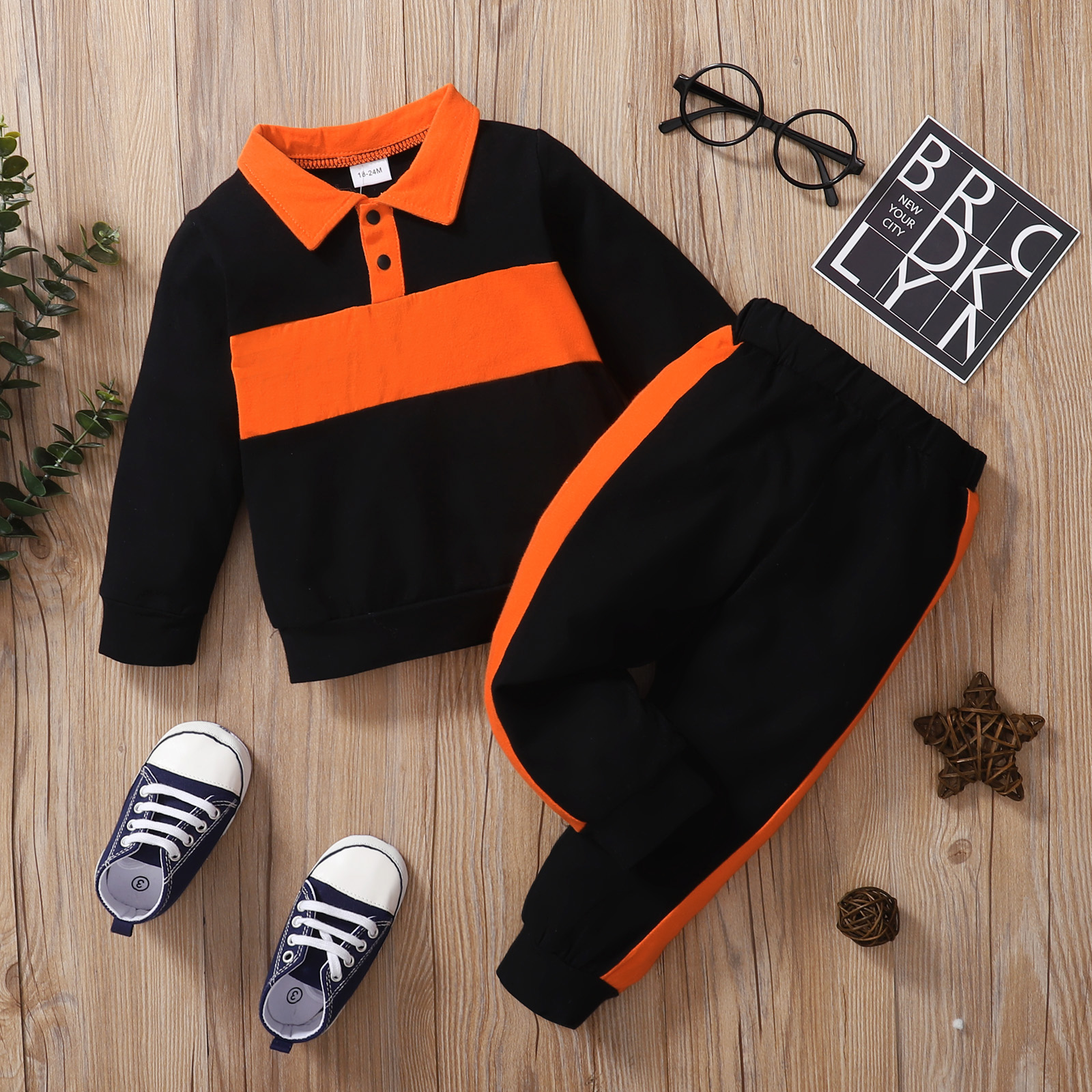 

2-piece Toddler Boy Back Letter Basketball Print Colorblock Long-sleeve Polo Shirt and Elasticized Pants Set
