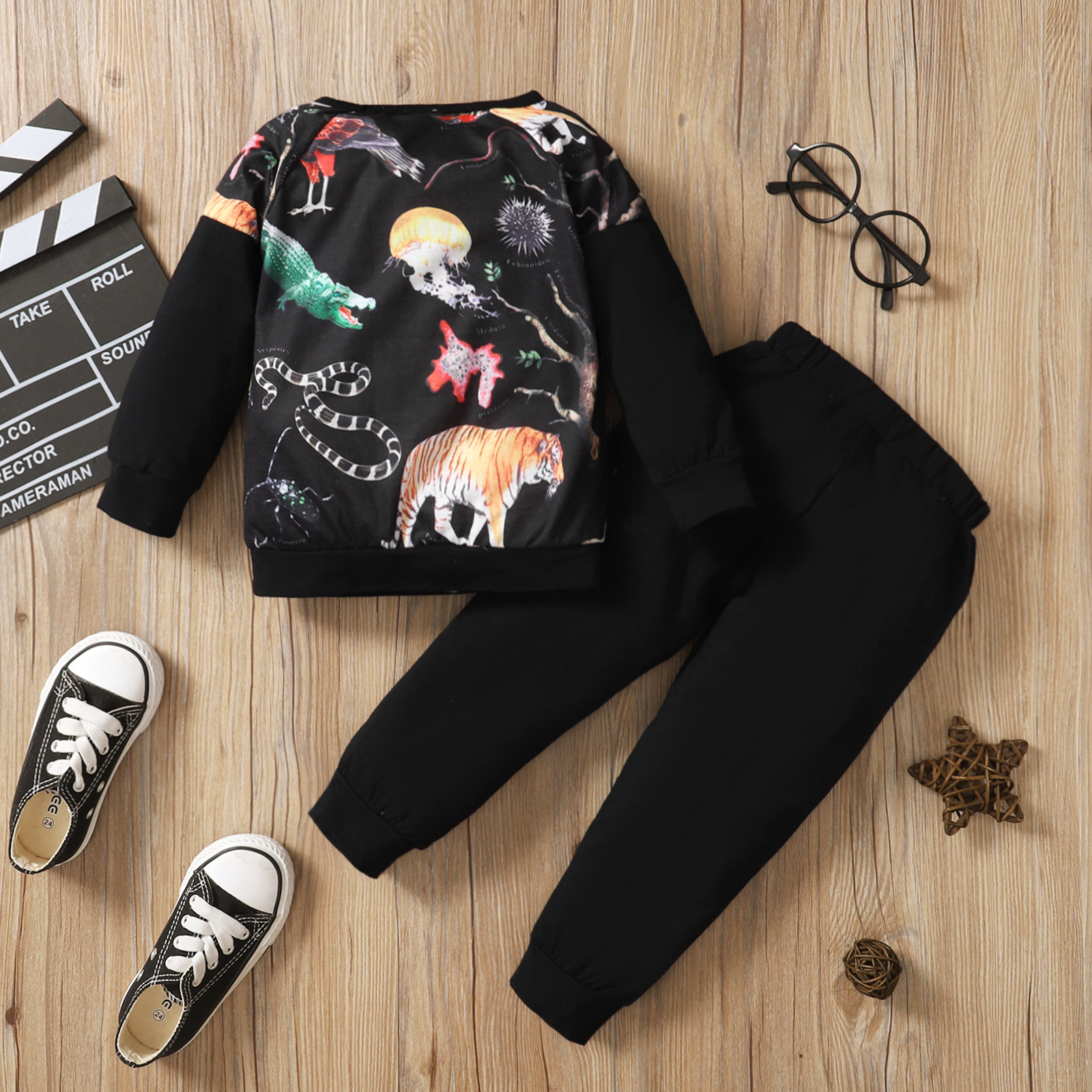 

2-piece Toddler Boy Animal Print Long-sleeve T-shirt and Elasticized Pants Set