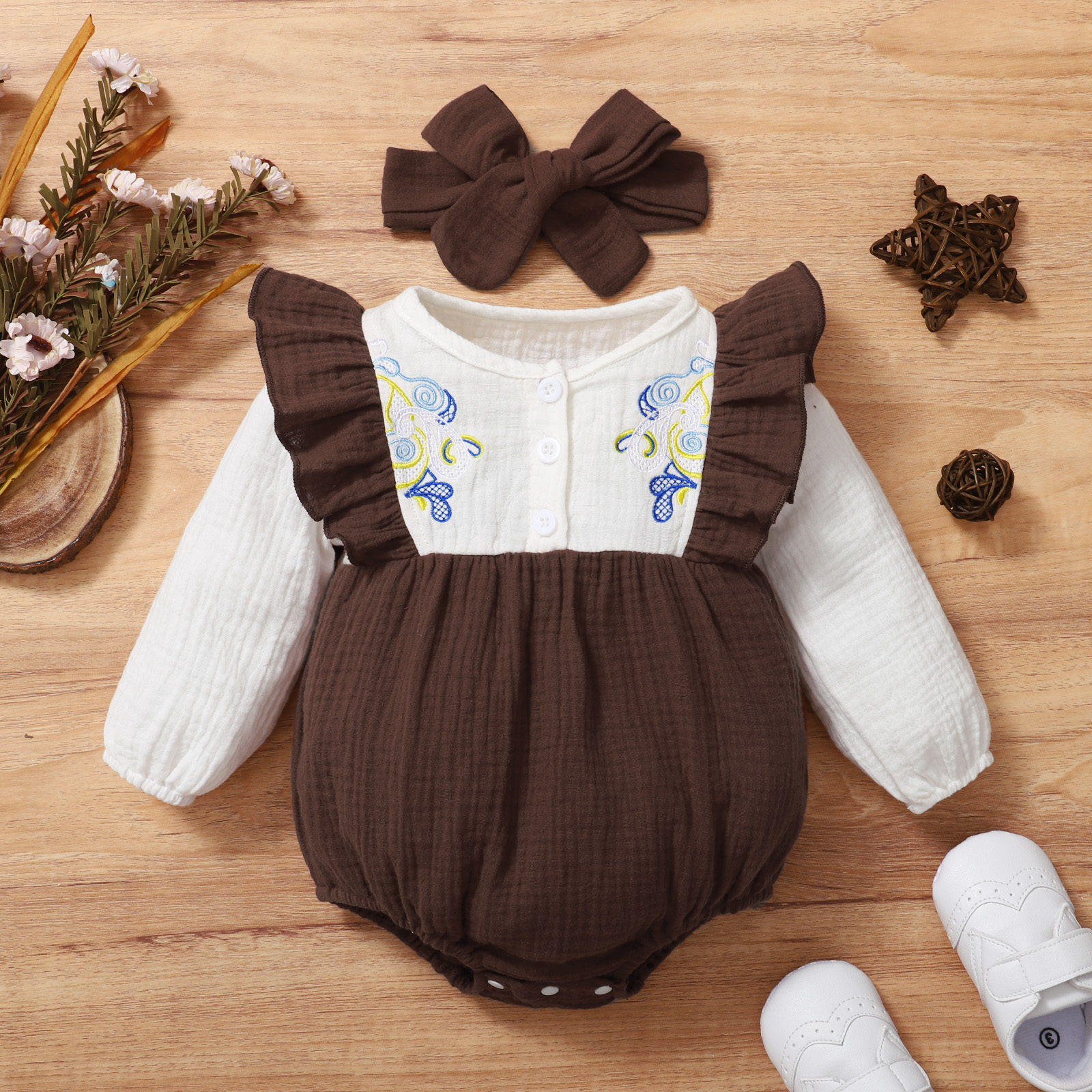 

100% Cotton Crepe Baby 2pcs Embroidered Long-sleeve Faux-two Romper Set