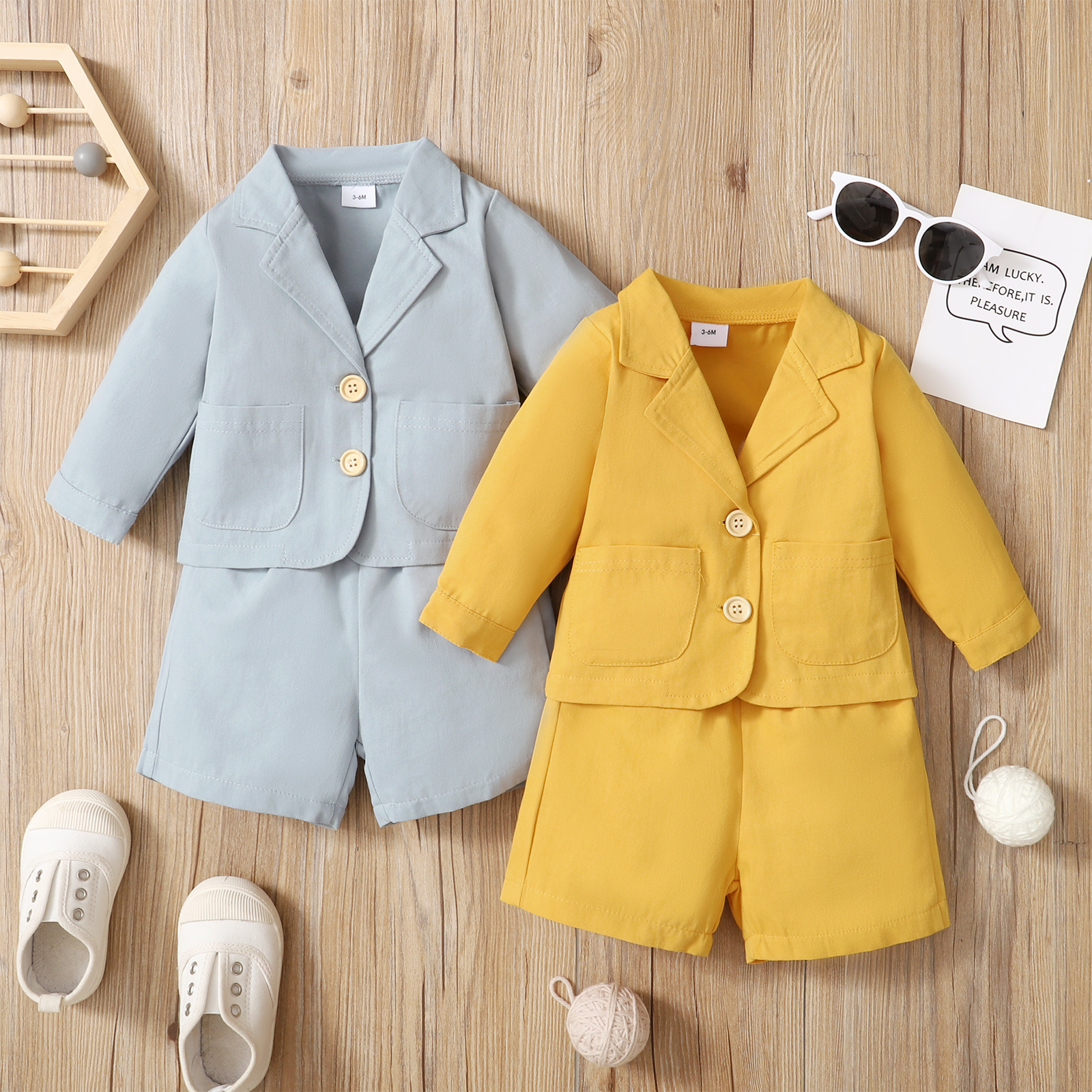 

100% Cotton 2pcs Solid Long-sleeve Baby Suit Jacket with Shorts Set