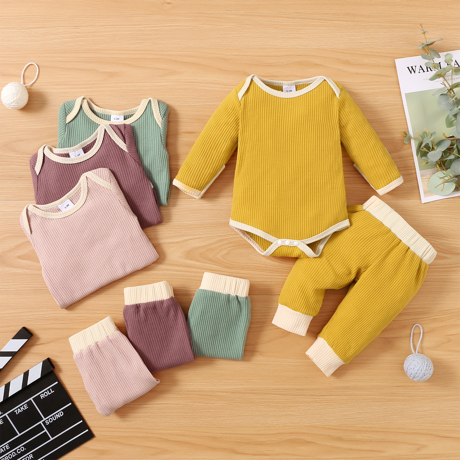 

Baby 2pcs Solid Waffle Long-sleeve Romper Set